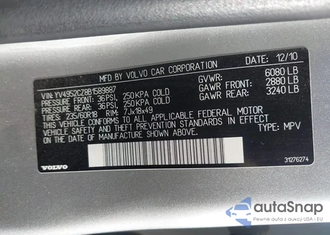 2011 Volvo Xc90 3.2 from USA, damaged, VIN YV4952CZ8B1589887
